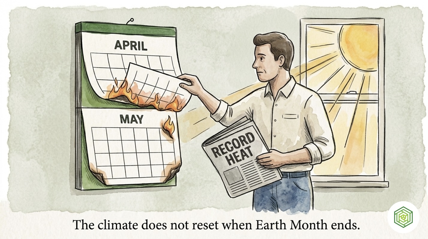 A person flipping a calendar from April to May while climate costs accumulate year-round