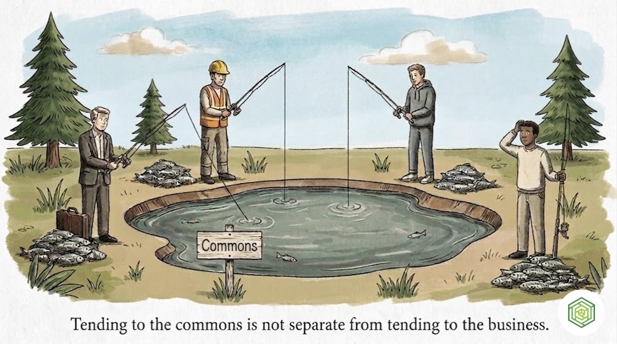 Four figures fishing from a shared commons pond, illustrating the tragedy of the commons
